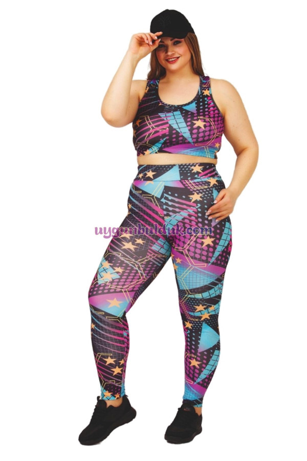 karışık renkli ve desenli lady 1502 kadın yüksek bel büyük beden büstiyerli taytlı spor takım, lady-1502, lady pijama takımı, Lady
