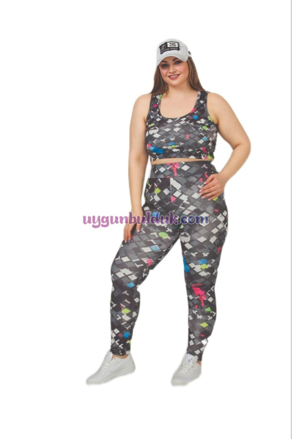 siyah renkli ve baklava desenli lady 1504 kadın yüksek bel büyük beden büstiyerli taytlı spor takım, lady-1504, lady pijama takımı, Lady