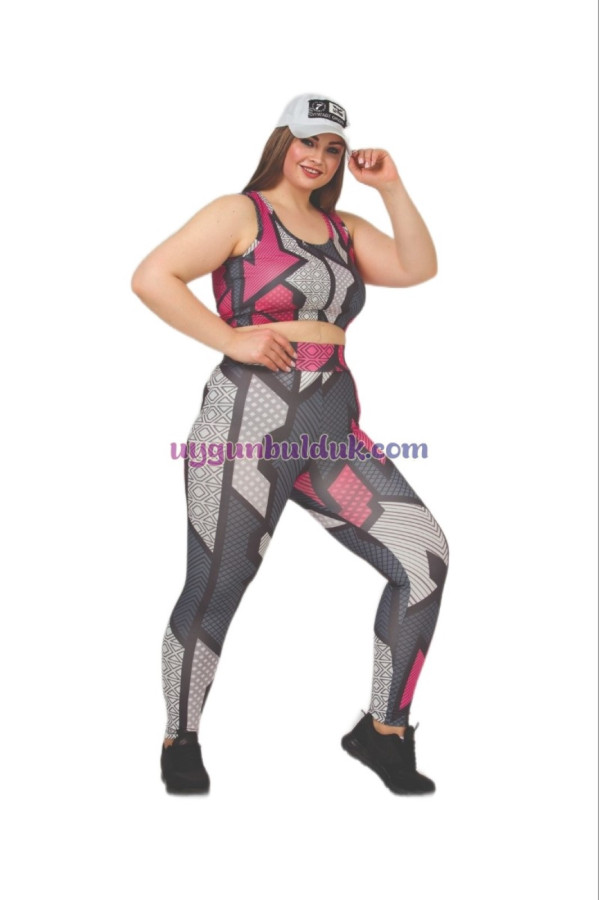 gri siyah renkli ve desenli lady 1505 kadın yüksek bel büyük beden büstiyerli taytlı spor takım, lady-1505, lady pijama takımı, Lady