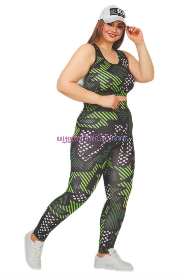 yeşil renkli ve çizgili desen lady 1506 kadın yüksek bel büyük beden büstiyerli taytlı spor takım, lady-1506, lady pijama takımı, Lady