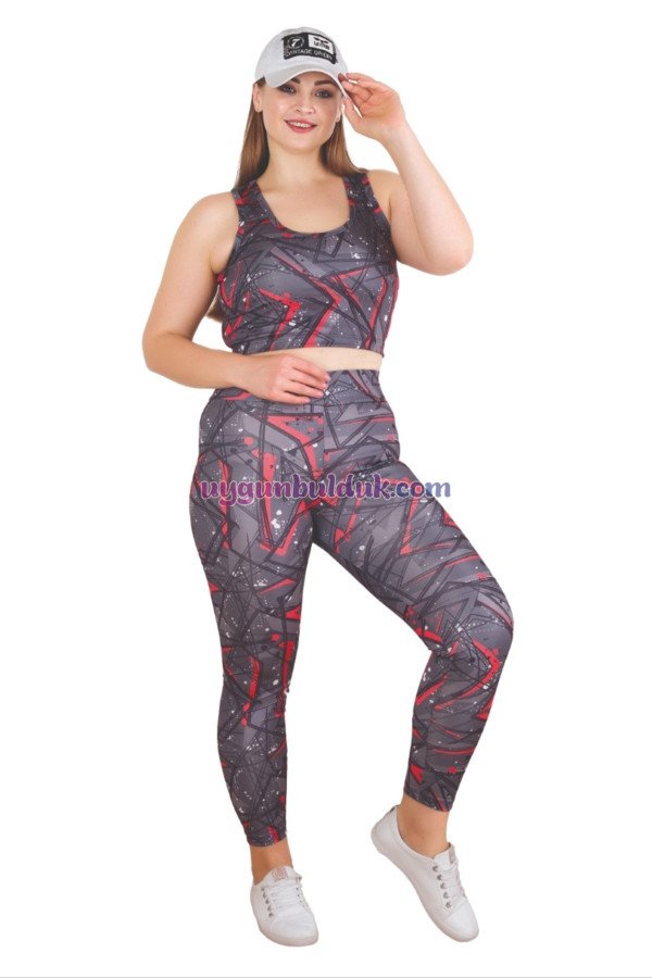 gri renkli ve desenli lady 1508 kadın yüksek bel büyük beden büstiyerli taytlı spor takım, lady-1508, lady pijama takımı, Lady