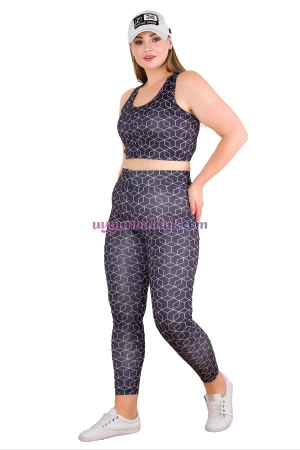 siyah renkli ve desenli lady 1509 kadın yüksek bel büyük beden büstiyerli taytlı spor takım, lady-1509, lady pijama takımı, Lady