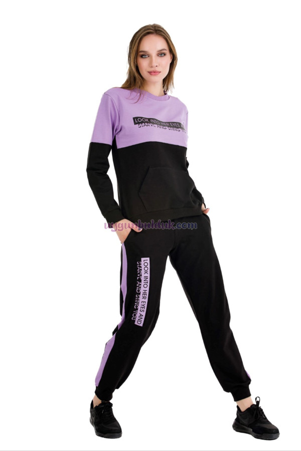 lila - siyah renkli uzun kollu lady 22018 cepli ve bisiklet yakalı kadın spor eşofman takımı, lady-pijama-22018, lady pijama takımı
