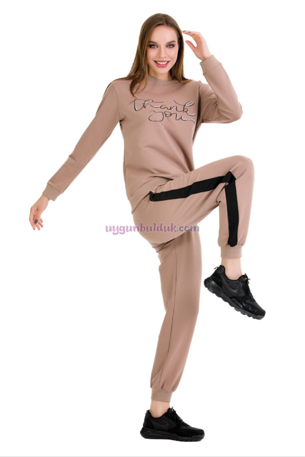 kahverengi uzun kollu lady 22023 cepli ve bisiklet yakalı kadın spor eşofman takımı, lady-pijama-22023, lady pijama takımı, Lady
