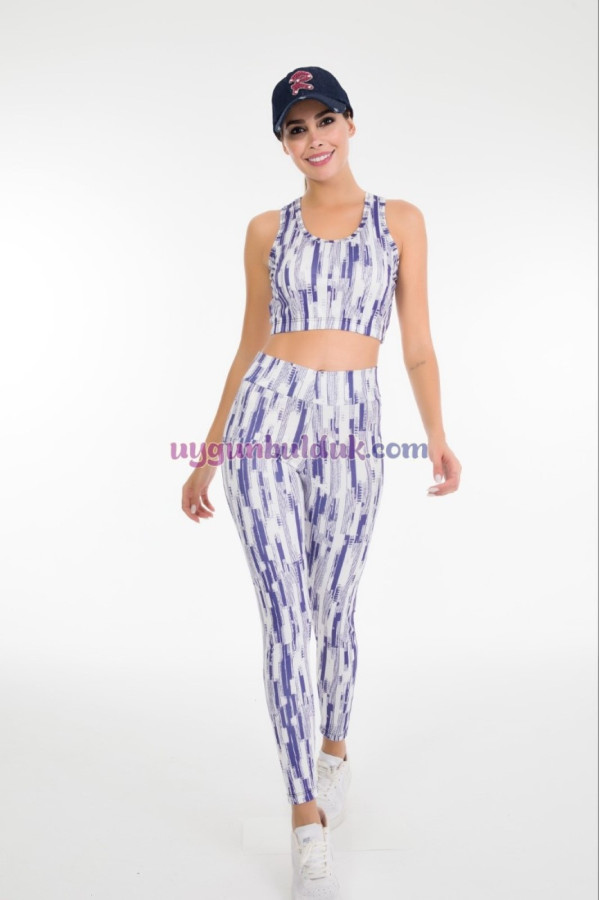 beyaz renk ve mavi desenli lady 3022 kadın büstiyerli taytlı spor takım, 8509990009281, lady pijama takımı, Lady