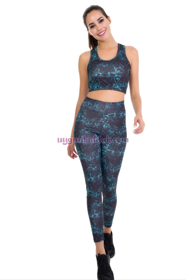 siyah renk ve mavi desenli lady 3024 kadın büstiyerli taytlı spor takım, 8509990009229, lady pijama takımı, Lady