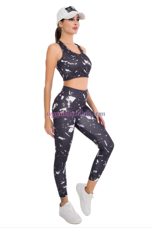 siyah renk ve beyaz desenli lady 3025 kadın büstiyerli taytlı spor takım, 8509990009199, lady pijama takımı, Lady