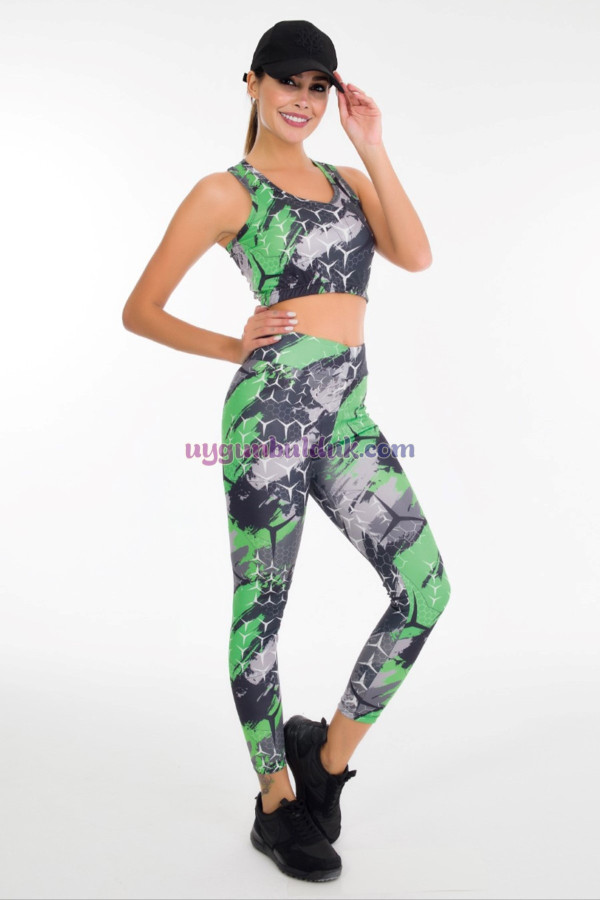 yeşil renkli ve desenli lady 3031 kadın büstiyerli taytlı spor takım, lady-3031, lady pijama takımı, Lady