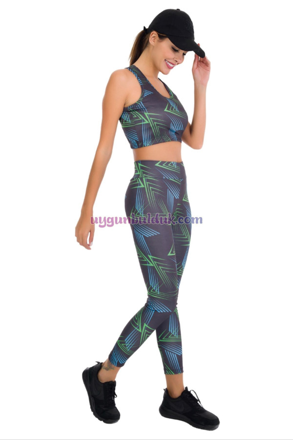 siyah renkli ve mavi - yeşil desenli lady 3032 kadın büstiyerli taytlı spor takım, lady-3032, lady pijama takımı, Lady