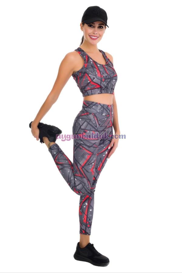 gri renkli ve kırmızı desenli lady 3033 kadın büstiyerli taytlı spor takım, lady-3033, lady pijama takımı, Lady