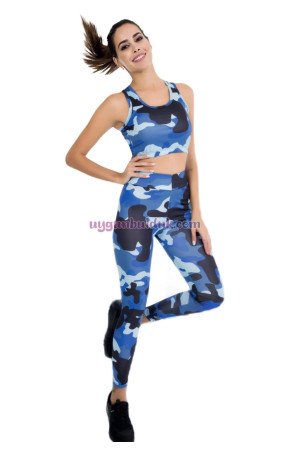 Mavi Renkli ve Kamuflaj Desenli Lady 3034 Kadın Büstiyerli Taytlı Spor Takım