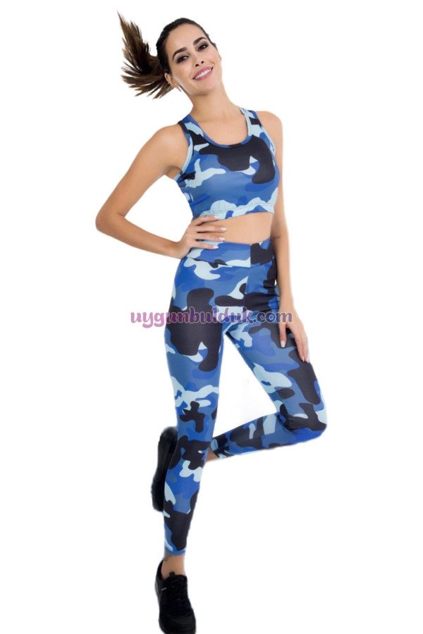 mavi renkli ve kamuflaj desenli lady 3034 kadın büstiyerli taytlı spor takım, lady-3034, lady pijama takımı, Lady