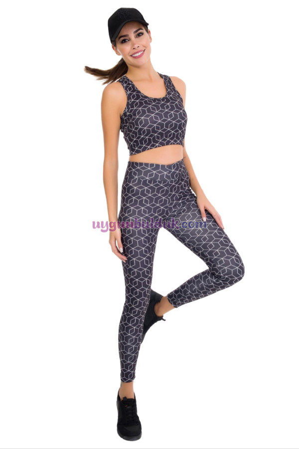 siyah renkli ve desenli lady 3035 kadın büstiyerli taytlı spor takım, lady-3035, lady pijama takımı, Lady