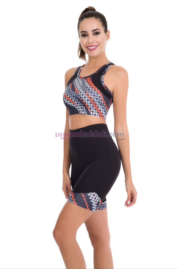 siyah renk kırmızı - beyaz çizgili lady 4006 kadın kısa taytlı büstiyerli spor takım, lady-4006, lady pijama takımı, Lady
