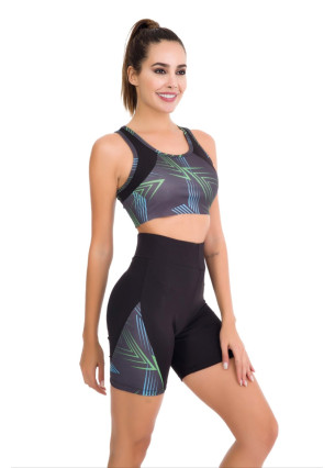Siyah Renk, Yeşil Mavi Desenli Lady 4012 Kadın Kısa Taytlı Büstiyerli Spor Takım