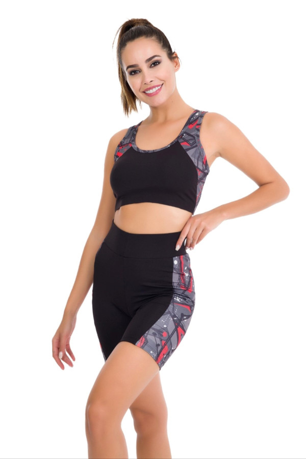 siyah renk, kırmızı desenli lady 4013 kadın kısa taytlı büstiyerli spor takım, lady-4013, lady pijama takımı, Lady