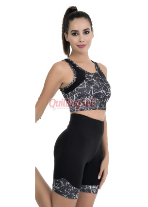 Siyah Renk, Beyaz Desenli Lady 4016 Kadın Kısa Taytlı Büstiyerli Spor Takım