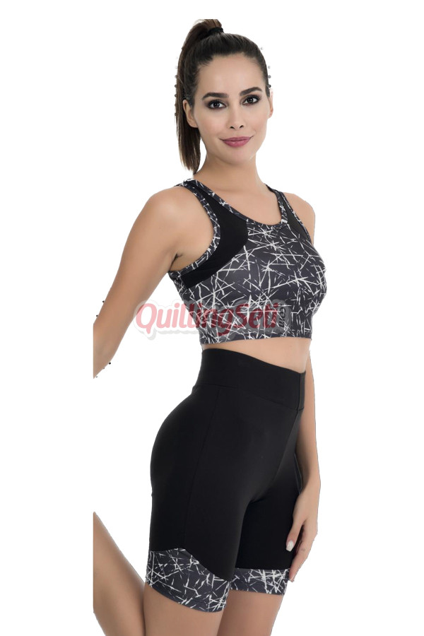 siyah renk, beyaz desenli lady 4016 kadın kısa taytlı büstiyerli spor takım, 8509990026875, lady pijama takımı, Lady