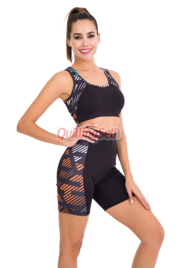 siyah renk ve desenli lady 4018 kadın kısa taytlı büstiyerli spor takım, qs-lady-4018-m, lady pijama takımı, Lady
