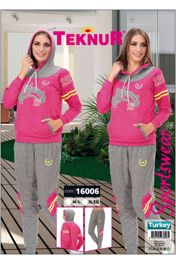 pembe - gri teknur bayan eşofman takımı - teknur 16006 kadın 2 li eşofman takımı, teknur16006, teknur pijama takımı