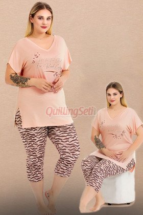 Somon Renk ve Zebra Desenli Lady 10722 Kadın Büyük Beden Tayt Kapri Pijama Takımı