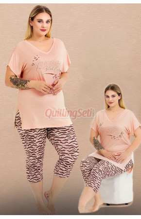 Somon Renk ve Zebra Desenli Lady 10722 Kadın Büyük Beden Tayt Kapri Pijama Takımı