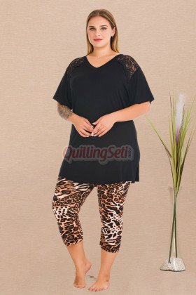 Siyah Renk ve Leopar Desenli Lady 10730 Kadın Büyük Beden Tayt Kapri Pijama Takımı