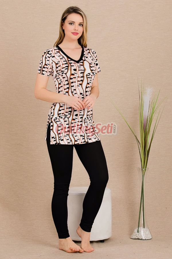 siyah beyaz renkli ve desenli lady 12486 dar paça taytlı pamuk viskon kadınların tercihi kısa kol pijama takımı, 8509990025861, lady pijama takımı, Lady