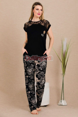 Siyah Renk ve Gül Desenli Lady 12488 Düz Paça Pamuk Viskon Kadın Kısa Kol Pijama Takımı