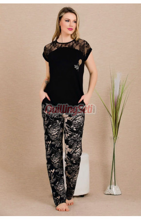 Siyah Renk ve Gül Desenli Lady 12488 Düz Paça Pamuk Viskon Kadın Kısa Kol Pijama Takımı