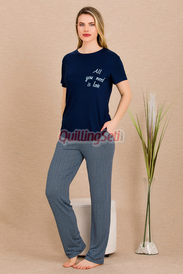 lacivert gri renkli ve desenli lady 12491 düz paça pamuk viskon kadınların tercihi kısa kol pijama takımı, 8509990025892, lady pijama takımı, Lady