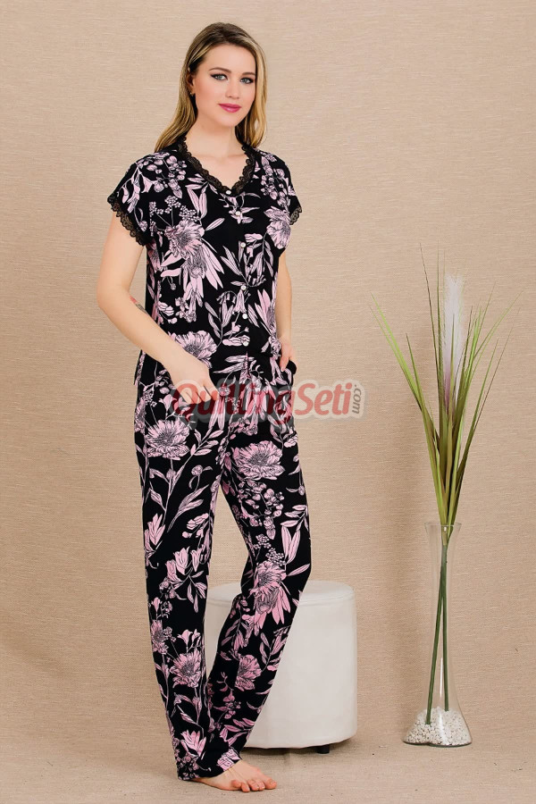 siyah renk ve çiçek desenli lady 12495 pamuk viskon kadın kısa kol pijama takımı, 8509990024017, lady pijama takımı, Lady
