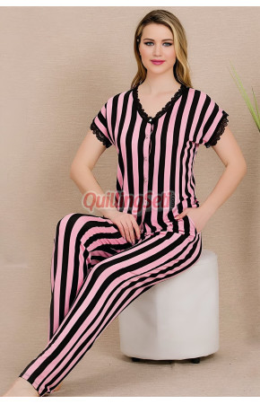Pembe - Siyah Renk ve Çizgi Desenli Lady 12496 Pamuk Viskon Kadın Kısa Kol Pijama Takımı