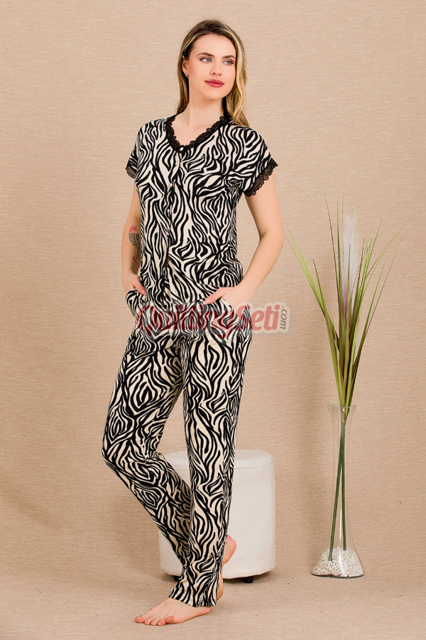 siyah renk ve zebra desenli lady 12497 pamuk viskon kadın kısa kol pijama takımı, 8509990023959, lady pijama takımı, Lady