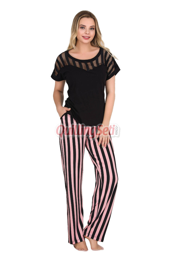 siyah renk pembe çizgi desenli lady 12549 kadın kısa kol pamuk viskon lady pijama takımı, 8509990021979, lady pijama takımı, Lady