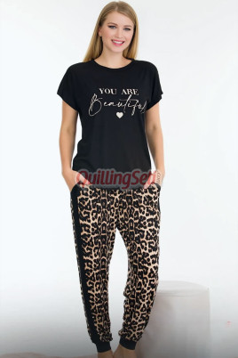 Siyah Renk ve Leopar Desenli Lady 12556 Lastikli Paça Pamuk Viskon Kadın Kısa Kol Pijama Takımı