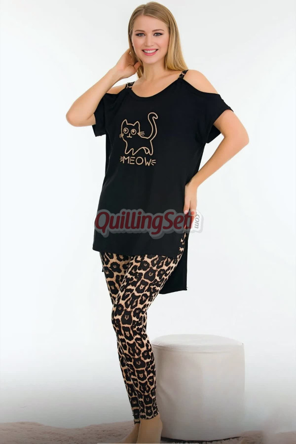 siyah renk ve leopar desenli lady 12558 dar paça pamuk viskon kadın kısa kol pijama takımı, 8509990025656, lady pijama takımı, Lady
