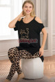 siyah renk ve leopar desenli lady 12558 dar paça pamuk viskon kadın kısa kol pijama takımı, 8509990025656, lady pijama takımı, Lady