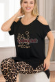 siyah renk ve leopar desenli lady 12558 dar paça pamuk viskon kadın kısa kol pijama takımı, 8509990025656, lady pijama takımı, Lady