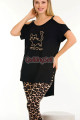 siyah renk ve leopar desenli lady 12558 dar paça pamuk viskon kadın kısa kol pijama takımı, 8509990025656, lady pijama takımı, Lady