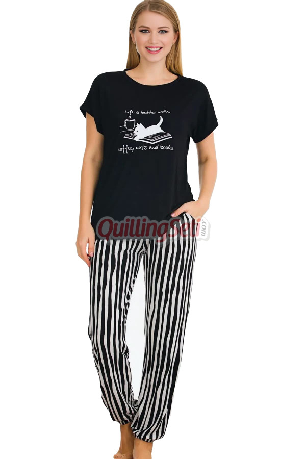 siyah renk ve çizgili lady 12560 dar lastikli paça pamuk viskon kadın kısa kol pijama takımı, 8509990025625, lady pijama takımı, Lady