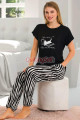 siyah renk ve çizgili lady 12560 dar lastikli paça pamuk viskon kadın kısa kol pijama takımı, 8509990025625, lady pijama takımı, Lady