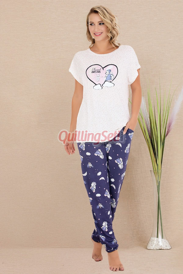 lacivert renk ve desenli lady 12584 düz paça pamuk viskon kadın kısa kol pijama takımı, 8509990024307, lady pijama takımı, Lady