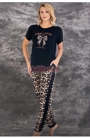Siyah Renk ve Leopar Desenli Lady 12593 Dar Lastikli Paça Pamuk Viskon Kadın Kısa Kol Pijama Takımı