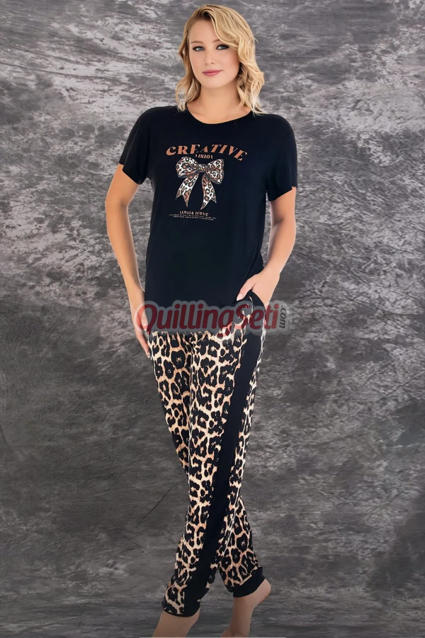 siyah renk ve leopar desenli lady 12593 dar lastikli paça pamuk viskon kadın kısa kol pijama takımı, 8509990025564, lady pijama takımı, Lady