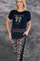 siyah renk ve leopar desenli lady 12593 dar lastikli paça pamuk viskon kadın kısa kol pijama takımı, 8509990025564, lady pijama takımı, Lady