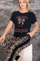 siyah renk ve leopar desenli lady 12593 dar lastikli paça pamuk viskon kadın kısa kol pijama takımı, 8509990025564, lady pijama takımı, Lady