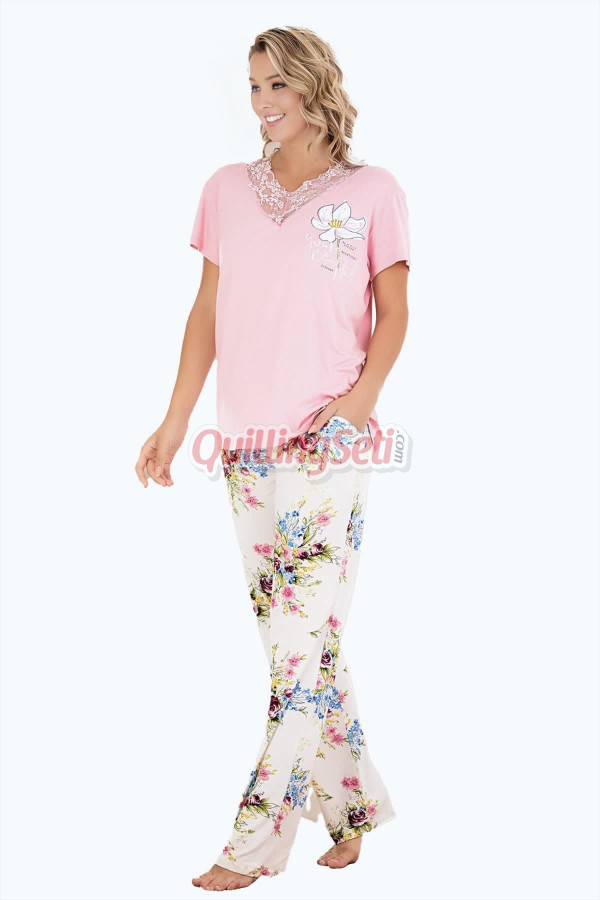 pembe - beyaz renkli ve çiçekli desenli lady 12596 düz paça pamuk viskon kadınların tercihi kısa kol pijama takımı, 8509990028008, lady pijama takımı, Lady