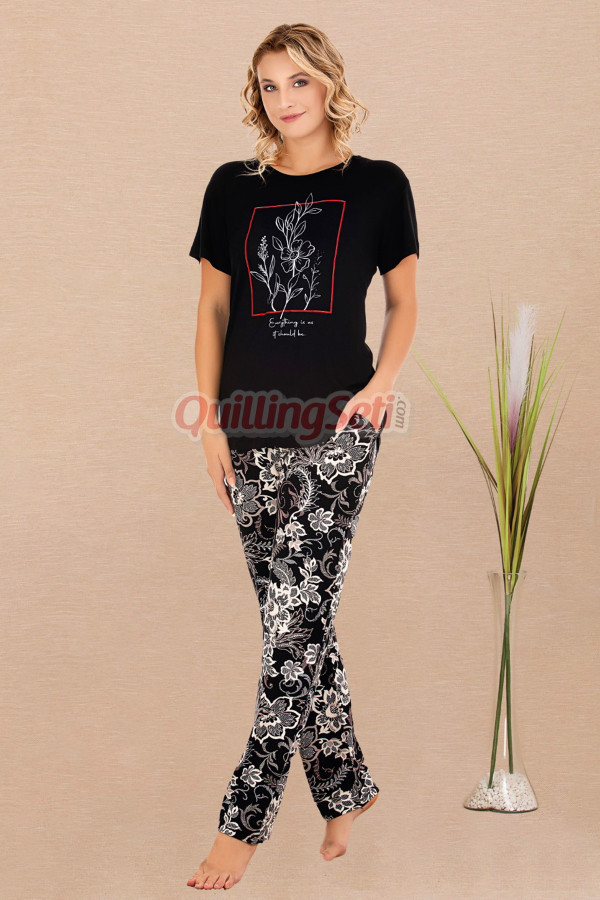siyah - beyaz renkli ve çiçek desenli lady 12597 kadınların tercihi düz paça pamuk viskon kısa kol pijama takımı, 8509990000301, kısa kollu pijama takımları, Lady