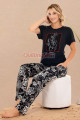 siyah - beyaz renkli ve çiçek desenli lady 12597 kadınların tercihi düz paça pamuk viskon kısa kol pijama takımı, 8509990000301, kısa kollu pijama takımları, Lady